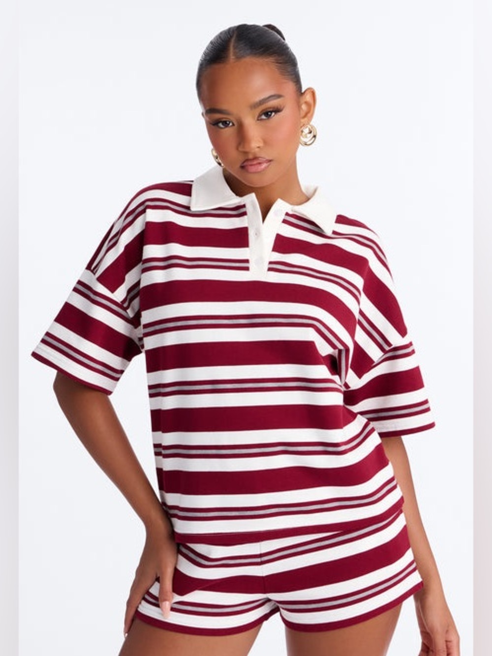 Fashion Nova Burgundy and White Striped Rugby Polo